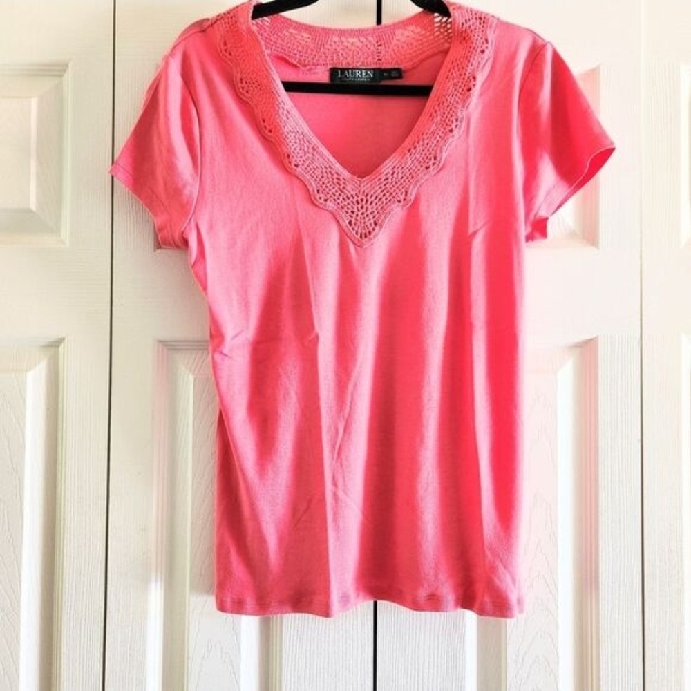 Lauren Ralph Lauren Women's Pink Lace V-Neck Tee, Size XL